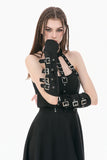 Goth Punk Matte Black Multi-Buckle Eyelet Strap Elasticated Gloves AGL032