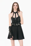Goth Punk Matte Black Multi-Buckle Eyelet Strap Elasticated Gloves AGL032
