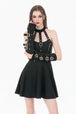 Goth Punk Matte Black Multi-Buckle Eyelet Strap Elasticated Gloves AGL032