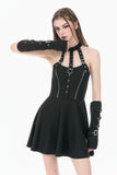 Goth Punk Matte Black Multi-Buckle Eyelet Strap Elasticated Gloves AGL032