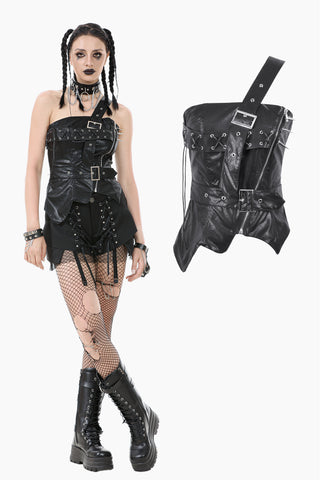 Punk-Inspired Leather Corset with Side Zipper, Eyelet Lacing and Waist Belt CW096