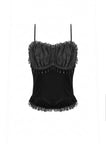 Gothic Retro Dark Cool Lace Mesh Patchwork Velvet Cami Top with Beaded Tassel Drops CW111