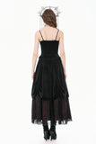 Gothic Retro Dark Cool Lace Mesh Patchwork Velvet Cami Top with Beaded Tassel Drops CW111