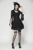Black Hollow Lace Gemstone Button Adjustable Waist Dress DW1003