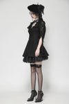 Black Hollow Lace Gemstone Button Adjustable Waist Dress DW1003