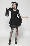 Black Hollow Lace Gemstone Button Adjustable Waist Dress DW1003
