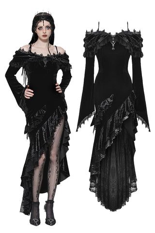 Gothic Dark Velvet Ruffle Hem Gem Pendant Off-Shoulder Mermaid Dress DW1010