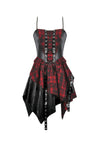 Punk Inked Plaid Dress with Faux Leather Splice & Grommet Lace-Up DW1111