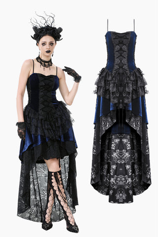 Royal Indigo Velvet & Lace Gothic Dress with Crown Lace and Tiered Tail Hem DW1113