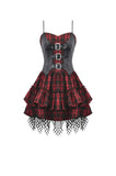 Red-Black Plaid Leather Layered Punk Sweetcore Dress DW1156 - Gothlolibeauty