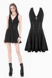 Night Vine Shackles - Dark Techwear Halter V-Neck Cross Pendant Double Eyelet Corset Lace-Up A-Line Dress DW1168