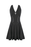 Night Vine Shackles - Dark Techwear Halter V-Neck Cross Pendant Double Eyelet Corset Lace-Up A-Line Dress DW1168