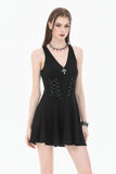 Night Vine Shackles - Dark Techwear Halter V-Neck Cross Pendant Double Eyelet Corset Lace-Up A-Line Dress DW1168