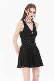 Night Vine Shackles - Dark Techwear Halter V-Neck Cross Pendant Double Eyelet Corset Lace-Up A-Line Dress DW1168
