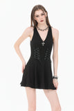 Night Vine Shackles - Dark Techwear Halter V-Neck Cross Pendant Double Eyelet Corset Lace-Up A-Line Dress DW1168