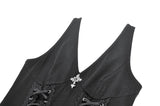 Night Vine Shackles - Dark Techwear Halter V-Neck Cross Pendant Double Eyelet Corset Lace-Up A-Line Dress DW1168