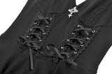Night Vine Shackles - Dark Techwear Halter V-Neck Cross Pendant Double Eyelet Corset Lace-Up A-Line Dress DW1168