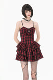 Sweet Punk Red  Black Tartan Cami Dress with Heart Buckle  DW1173