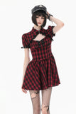 Retro Punk Red Plaid Cutout Lace-Up Mini Dress DW1174