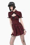 Retro Punk Red Plaid Cutout Lace-Up Mini Dress DW1174