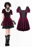 Gothic Romantic Burgundy Velvet Dress with Square Neck and Black Lace Patchwork  DW1175