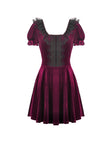 Gothic Romantic Burgundy Velvet Dress with Square Neck and Black Lace Patchwork  DW1175