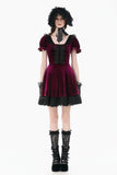 Gothic Romantic Burgundy Velvet Dress with Square Neck and Black Lace Patchwork  DW1175