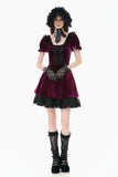 Gothic Romantic Burgundy Velvet Dress with Square Neck and Black Lace Patchwork  DW1175