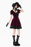Gothic Romantic Burgundy Velvet Dress with Square Neck and Black Lace Patchwork  DW1175