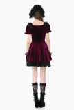 Gothic Romantic Burgundy Velvet Dress with Square Neck and Black Lace Patchwork  DW1175