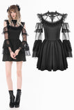 Romantic Gothic High-Neck Sheer Mesh Dress with Layered Lace Frill and Bell Sleeves DW1176