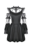 Romantic Gothic High-Neck Sheer Mesh Dress with Layered Lace Frill and Bell Sleeves DW1176