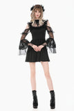 Romantic Gothic High-Neck Sheer Mesh Dress with Layered Lace Frill and Bell Sleeves DW1176