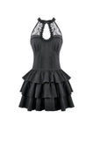 Gothic Halter Lace Patchwork Rose Jacquard Tiered Ruffle Mini Dress DW1179