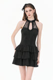 Gothic Halter Lace Patchwork Rose Jacquard Tiered Ruffle Mini Dress DW1179