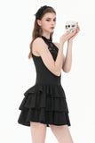 Gothic Halter Lace Patchwork Rose Jacquard Tiered Ruffle Mini Dress DW1179