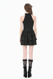 Gothic Halter Lace Patchwork Rose Jacquard Tiered Ruffle Mini Dress DW1179