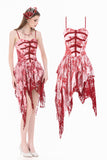Bloody Romance - Gothic Asymmetric Tiered Dress in Red-White Tie-Dye Chiffon DW1182