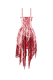 Bloody Romance - Gothic Asymmetric Tiered Dress in Red-White Tie-Dye Chiffon DW1182