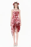 Bloody Romance - Gothic Asymmetric Tiered Dress in Red-White Tie-Dye Chiffon DW1182