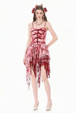 Bloody Romance - Gothic Asymmetric Tiered Dress in Red-White Tie-Dye Chiffon DW1182
