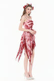 Bloody Romance - Gothic Asymmetric Tiered Dress in Red-White Tie-Dye Chiffon DW1182