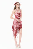 Bloody Romance - Gothic Asymmetric Tiered Dress in Red-White Tie-Dye Chiffon DW1182