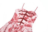 Bloody Romance - Gothic Asymmetric Tiered Dress in Red-White Tie-Dye Chiffon DW1182