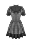 Dark Lolita Gingham Patchwork Lace Ruffle Puff Sleeve A-Line Dress DW1185