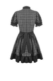 Dark Lolita Gingham Patchwork Lace Ruffle Puff Sleeve A-Line Dress DW1185
