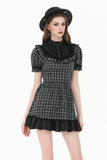 Dark Lolita Gingham Patchwork Lace Ruffle Puff Sleeve A-Line Dress DW1185