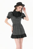 Dark Lolita Gingham Patchwork Lace Ruffle Puff Sleeve A-Line Dress DW1185