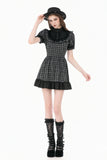 Dark Lolita Gingham Patchwork Lace Ruffle Puff Sleeve A-Line Dress DW1185