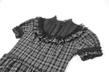 Dark Lolita Gingham Patchwork Lace Ruffle Puff Sleeve A-Line Dress DW1185